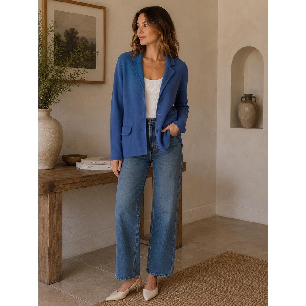 Talbots Womens Blue Pure Merino Wool Sweater Blazer Jacket Size M Notched Lapel